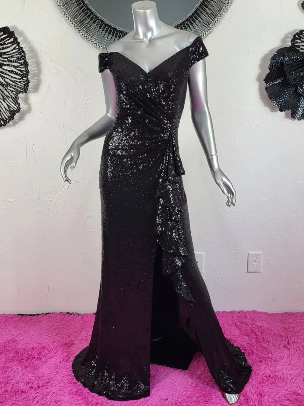 NWT~$595~TADASHI SHOJI~M~BLACK SEQUIN SLIT RUFFLE RUCHED PROM EVENING MAXI DRESS